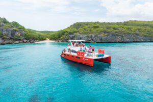 Topcat with people in blue water